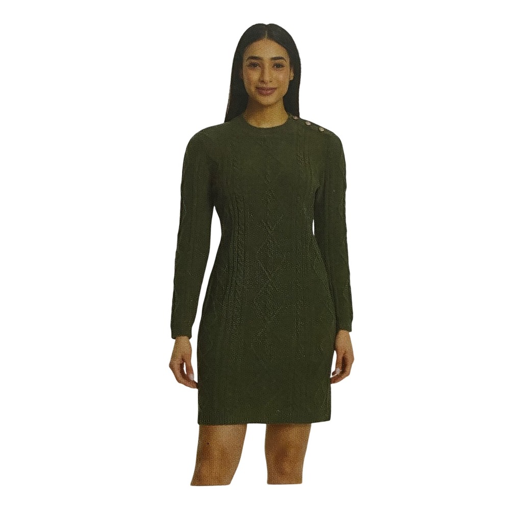 Nine West Jeans Womens Green Cable Knit Button Shoulder Sweater Dress Lg NWT